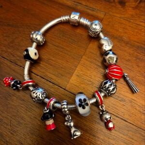 Pandora Silver Charm Bracelet with Red Accents EXCELLENT condition